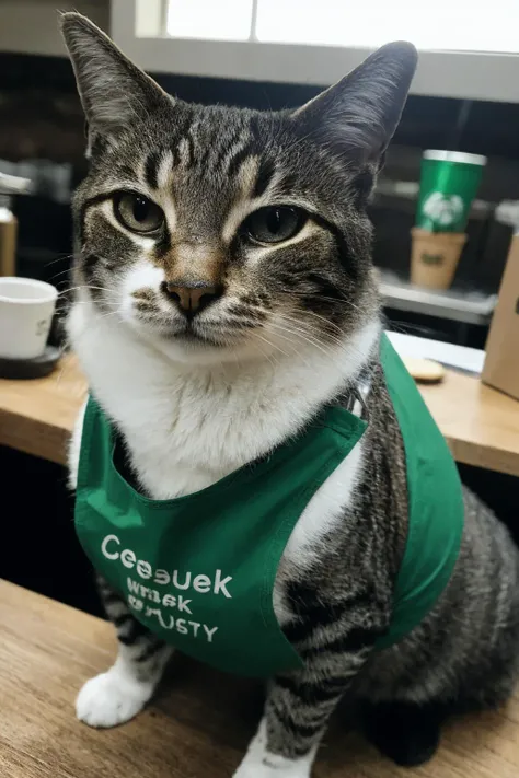 photorealistic photo of celestecat, wearing a green apron, working at starbucks, (masterpiece:1.1), (best quality:1.1), beautiful, (intricate details), unity 8k wallpaper, ultra detailed, aesthetic, perfect lighting, <lora:Celeste - AM:0.8>