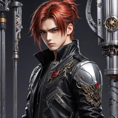 Gothic style ultra-detailed,(best quality),((masterpiece)),(highres),original,extremely detailed 8K wallpaper,best_hand,anime,masterpiece,bestquality,(diluc:2),1boy,redhair,malefocus,longhair,solo,redeyes,bangs,longsleeves,lookingatviewer,jacket,hairbetweeneyes,ponytail,blackgloves,blackjacket,(greybackground:1.4),<lora:Diluc_xl>,aviator sunglasses,silver robot arm . Dark, mysterious, haunting, dramatic, ornate, detailed