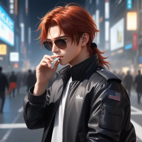 ultra-detailed,(best quality),((masterpiece)),(highres),original,extremely detailed 8K wallpaper,best_hand,anime,masterpiece,bestquality,(diluc:2),1boy,redhair,malefocus,longhair,solo,redeyes,bangs,longsleeves,lookingatviewer,jacket,hairbetweeneyes,ponytail,blackgloves,blackjacket,(greybackground:1.4),<lora:Diluc_xl>, aviator sunglasses,smoking a cigarette