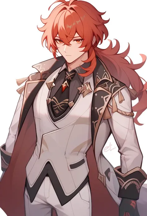 score_9,score_8_up,score_7_up,<lora:diluc_pony:1>,1boy,absurdres,black_gloves,crossed_bangs,diluc_\(genshin_impact\),english_commentary,formal,hair_between_eyes,highres,long_hair,looking_at_viewer,low_ponytail,male_focus,pectoral_cleavage,red_eyes,red_hair,removing_jacket,simple_background,solo,standing,suit_jacket,white_background,white_jacket,white_pants,