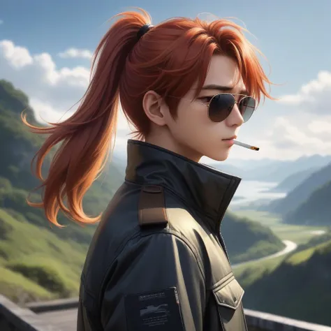 ultra-detailed,(best quality),((masterpiece)),(highres),original,extremely detailed 8K wallpaper,(an extremely delicate and beautiful),best_hand,anime,(\di lu ke\),masterpiece,bestquality,diluc(genshinimpact) aviator sunglasses,smoking a cigarette,1boy,redhair,malefocus,longhair,solo,redeyes,bangs,longsleeves,lookingatviewer,jacket,hairbetweeneyes,ponytail,blackgloves,blackjacket,(landscape background:1.4),(kbxll:0.6),<lora:Diluc_xl:0.8>,