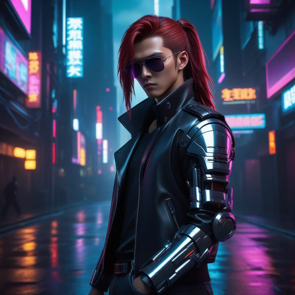 Neon noir ultra-detailed,(best quality),((masterpiece)),(highres),original,extremely detailed 8K wallpaper,best_hand,anime,masterpiece,bestquality,(diluc:2),1boy,redhair,malefocus,longhair,solo,redeyes,bangs,longsleeves,lookingatviewer,jacket,hairbetweeneyes,ponytail,blackgloves,blackjacket,(greybackground:1.4),<lora:Diluc_xl>,aviator sunglasses,silver robot arm . Cyberpunk, dark, rainy streets, neon signs, high contrast, low light, vibrant, highly detailed