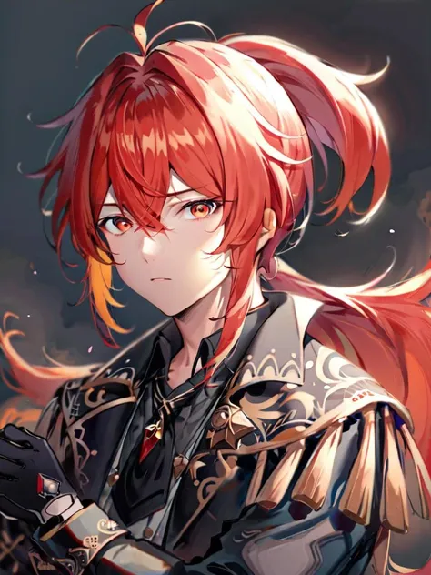 ultra-detailed,(best quality),((masterpiece)),(highres),original,extremely detailed 8K wallpaper,(an extremely delicate and beautiful),best_hand,anime, ,(\di lu ke\),masterpiece,bestquality,diluc(genshinimpact),1boy,redhair,malefocus,longhair,solo,redeyes,bangs,longsleeves,lookingatviewer,jacket,hairbetweeneyes,ponytail,blackgloves,blackjacket,(greybackground:1.4),(kbxll:0.6) <lora:Diluc_xl:1>