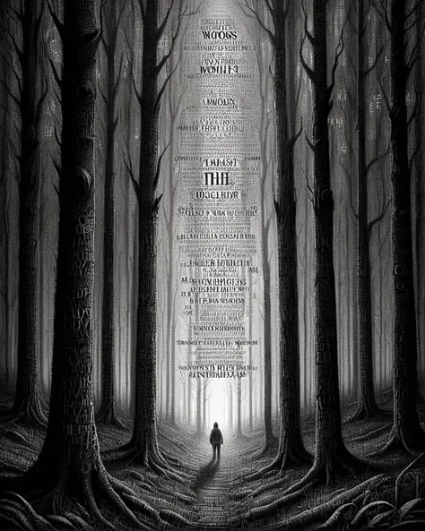 made of dvr-txt, "The woods are lovely, dark and deep.", Detailed illustration, soft light, 35mm, drawing, intricate details, <lora:dvr-txt:1>