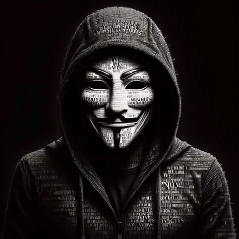 dvr-txt, macro closeup portrait of Anonymous wearing a hoodie with Guy Fawkes mask, fading out of the black background, digital art with (text logo "WE ARE ANONYMOUS":1.5), 8k, insane detailed, <lora:dvr-txt:1>