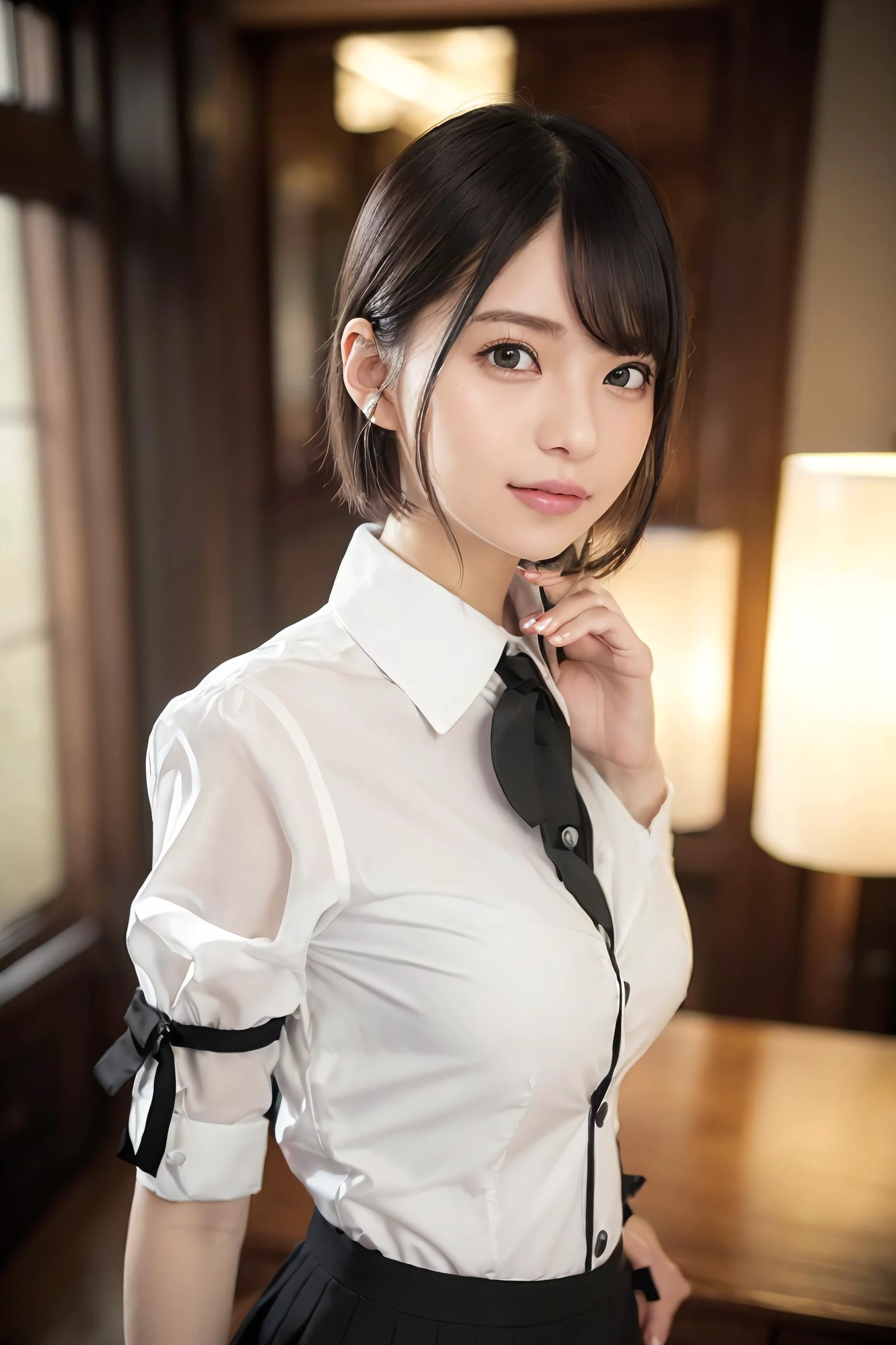 (RAW photo, best quality), (realistic, photo-realistic:1.3), masterpiece, an extremely delicate and beautiful, extremely detailed, CG, unity , 2k wallpaper, Amazing, finely detail, light smile, extremely detailed CG unity 8k wallpaper, huge filesize, ultra-detailed, highres, absurdres, soft light, (((short hair:1.3), short bang, black hair, floating hair novafrogstyle)), beautiful detailed girl, detailed fingers, extremely detailed eyes and face, beautiful detailed nose, beautiful detailed eyes, long eyelashes, light on face, looking at viewer, (closed mouth:1.2), 1girl, cute, young, mature face, (full body:1.3), ((small breasts)), realistic face, realistic body, beautiful detailed thigh, show shoulder, (ulzzang-6500-v1.1:0.8), <lora:koreanDollLikeness_v15:0.4>, ((business suit, cross-laced clothes, collared shirt, open clothes, open black cardigan, black thighhighs, miniskirt, black underwear, unbuttoned shirt)), in office, detailed office, <lora:SaitoAsuka_v10:0.6>, asuka,
