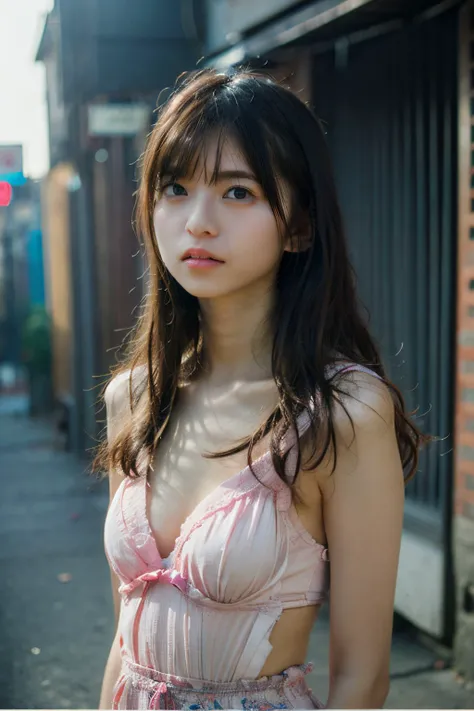 <lora:Asuka:1> asuka, 1girl, Chinese, 18-years-old, (photorealistic:1.3), 8K High definition, beautiful and detailed face, looking at viewer, (realistic:1.3), (solo), dramatic lighting, sex poses, ((in the alley, depth of field)), ((small breasts:1.4), (flat chest:1.4), (child-like breasts:1.4), cleavage, (open clothes:1.3)), <lora:FilmVelvia2:0.5>, <lora:add_detail:0.6>