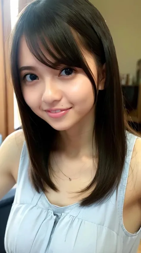 1girl, highly detailed face, camisole, long-shaped and narrowed eyes:1.2, small pupil, 30 years old, light smile, beautiful teeth, dynamic pose, <lora:Asuka_v10:1>, selfie, portrait, looking at viewer,