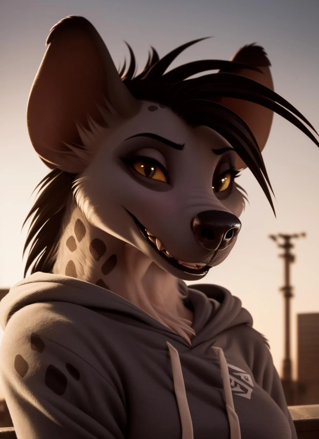 shenzi, furry female anthro, hyena girl, portrait, close-up, (hoodie:1.2), fur trim, solo, (body fur:1.2), (best quality), (detailed urban background:1.2), dramatic lighting, (detailed fluffy fur:1.1), looking at viewer, medium breasts, <lora:shenzi-v1:1>