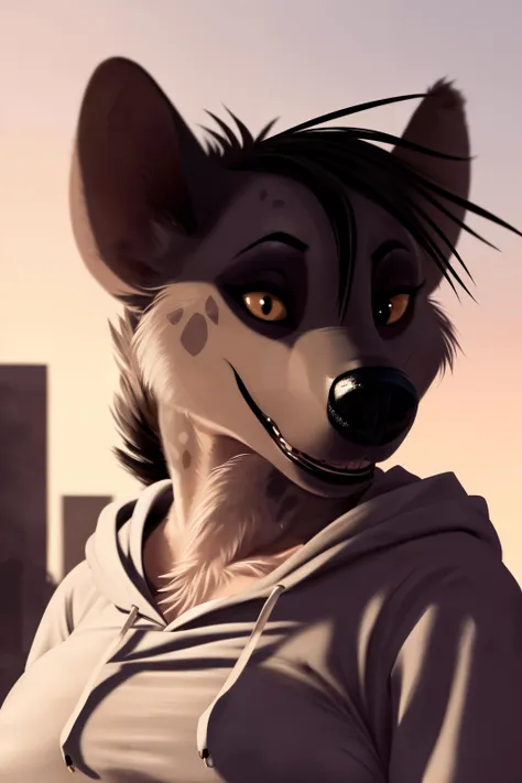 shenzi, furry female anthro, hyena girl, portrait, close-up, (hoodie:1.2), fur trim, solo, (body fur:1.2), (best quality), (detailed urban background:1.2), dramatic lighting, (detailed fluffy fur:1.1), looking at viewer, medium breasts, <lora:shenzi-v1:1>