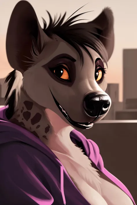shenzi, furry female anthro, hyena girl, portrait, close-up, (hoodie:1.2), fur trim, solo, (body fur:1.2), (best quality), (detailed urban background:1.2), dramatic lighting, (detailed fluffy fur:1.1), looking at viewer, medium breasts, <lora:shenzi-v1:1>