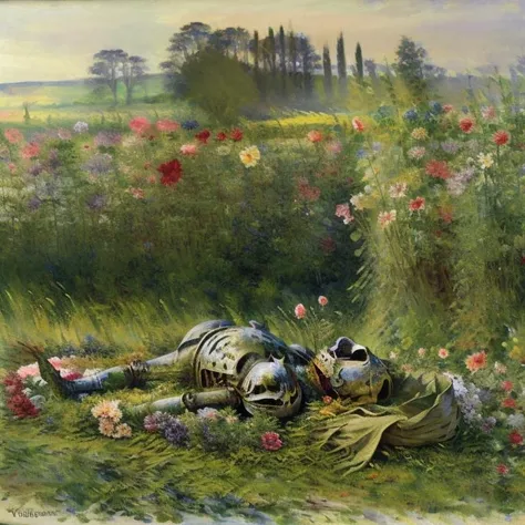 A dead knight's corpse in a field of flowers <lora:CLSBRNG:1> painting style