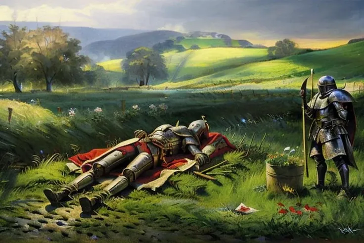 A dead knight's corpse laying in a field, blood, <lora:CLSBRNG:1> painting style, hyper detailed, high resolution, best quality, 8k