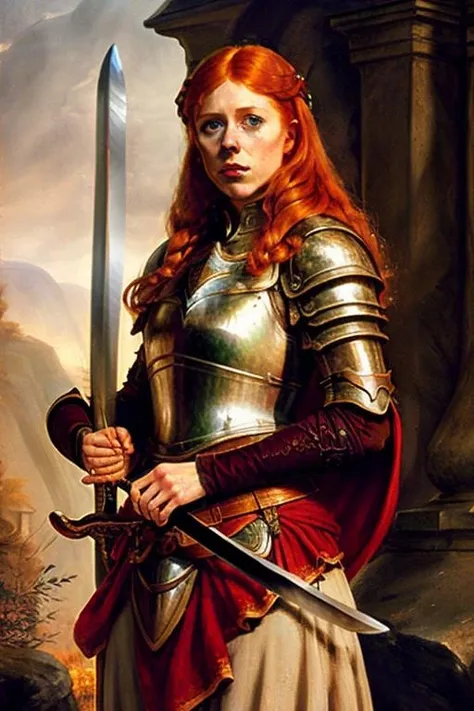 A ginger woman knight with long hair and freckles holding a sword in front of the camera <lora:CLSBRNG:1> painting style, hyper detailed, high resolution, best quality, 8k