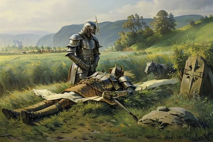 A dead knight's corpse laying in a field, <lora:CLSBRNG:1> painting style, hyper detailed, high resolution, best quality, 8k