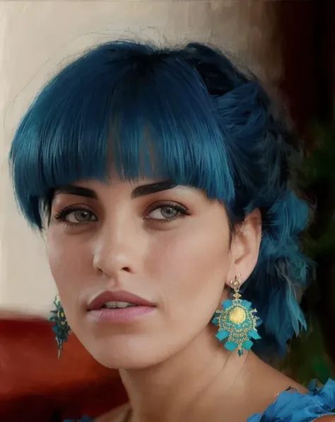 zxzxasli with blue hair wearing a green dress and earrings, with a dark background and a blue smoke, by Franois Quesnel, <lora:asli2bat20ecos-000026:0.9>