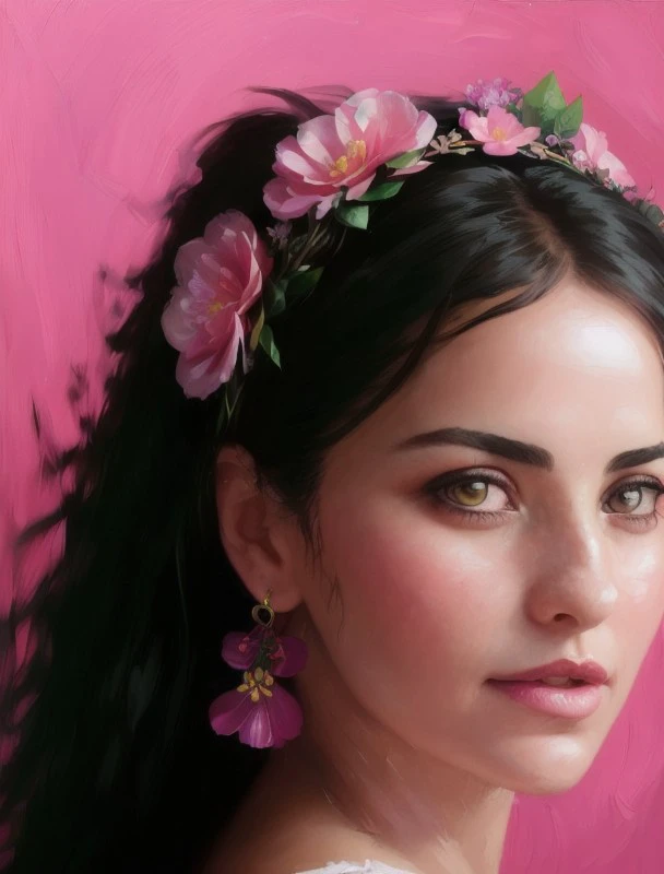 30 years old (zxzxasli:1.2) with flowers in her hair and a wreath of pink roses on her head, standing in front of a dark background, painted by artgerm and tom bagshaw, fantasy art, dramatic lighting, highly detailed oil painting
, <lora:asli2bat20ecos-000026:0.9>