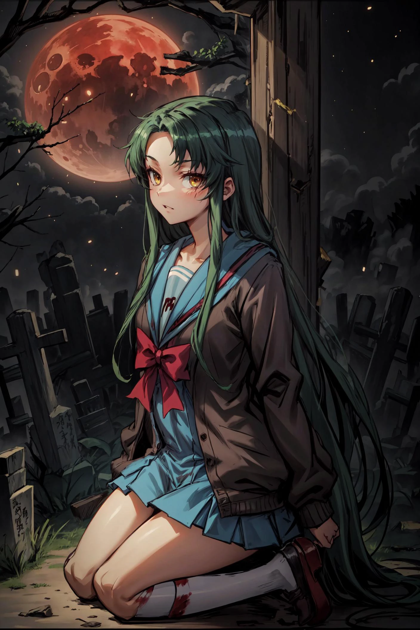 (masterpiece),best quality, <lora:Tsuruya:0.85>, tsuruya,blazer,blue skirt, kneehighs,kita school uniform, fog, mist, bloodmoon, (night),looking at the viewer, bat, <lora:Adddetail:0.7>, <lora:ARWJapanGraveyard:0.7>, japangraveyard