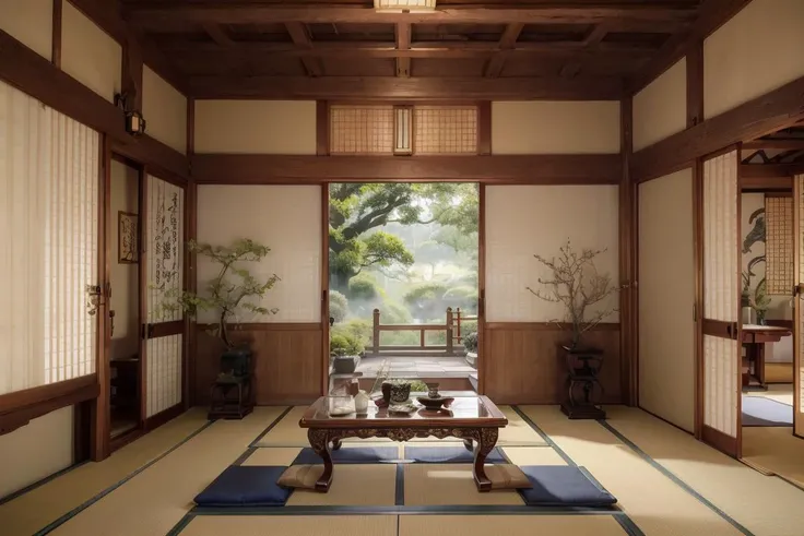 japaninterior, living room, table wooden, steam, dim light, ornament, mirror, ornate, detail, traditional, ceramic, painting, japan calligraphy, garden, <lora:ARWJapanInterior:1>