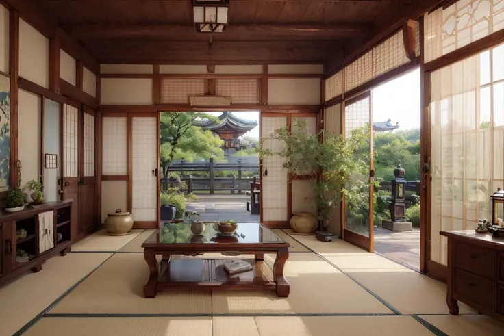 japaninterior, living room, table wooden, steam, ornament, mirror, ornate, detail, traditional, ceramic, painting,calligraphy, garden, natural lighting,tea, <lora:ARWJapanInterior:1>,(masterpiece, best quality),