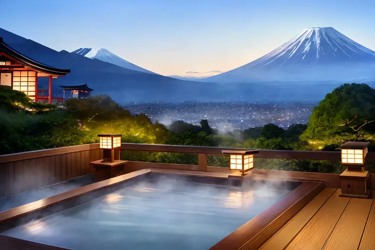 (Traditional Japanese art painting), Mount Fuji in the distance, and the white snow on the top of the mountain as the background, no one in the scenery, bright sunlight shining on the hillside all the way to the hot spring water, making people feel like an epic picture Landscapes, (extremely detailed oil painting: 1.2), glow effects, godrays, hand painted, rendering, 8k, octane rendering, cinema 4d, blender, (dimmed lights at night, daytime blue sky, white Mt. Fuji top, green Mt. Fuji slopes, Ancient castle, temple and shrine, traditional Japanese wooden house complex all the way down the mountain, and traditional Japanese hot spring bath, 4k ultra detailed), cinematic sensibility, sharp focus, humorous illustration, great depth of field, masterpiece, color, 3D octane rendering, 4k, concept art, trending on artstation, surreal, vibrant colors, extremely detailed CG unity 8k wallpaper, trending on ArtStation, trending on CGSociety, intricate, high detail, dramatic, absurd, (face_yolov8n:0.3),  <lora:ARWJapanOnsen:1>, ((Close-up of traditional Japanese buildings and dim lights in the hot springs, with the ancient buildings on the slope of Mount Fuji and the top of the mountain as the background:1.3)),