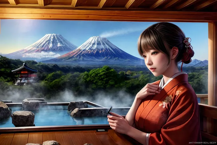 (Traditional Japanese art painting), Mount Fuji in the distance, and the white snow on the top of the mountain as the background, no one in the scenery, bright sunlight shining on the hillside all the way to the hot spring water, making people feel like an epic picture Landscapes, (extremely detailed oil painting: 1.2), glow effects, godrays, hand painted, rendering, 8k, octane rendering, cinema 4d, blender, (dimmed lights at night, daytime blue sky, white Mt. Fuji top, green Mt. Fuji slopes, Ancient castle, temple and shrine, traditional Japanese wooden house complex all the way down the mountain, and traditional Japanese hot spring bath, 4k ultra detailed), cinematic sensibility, sharp focus, humorous illustration, great depth of field, masterpiece, color, 3D octane rendering, 4k, concept art, trending on artstation, surreal, vibrant colors, extremely detailed CG unity 8k wallpaper, trending on ArtStation, trending on CGSociety, intricate, high detail, dramatic, absurd, (face_yolov8n:0.3), <lora:more_details:1>, <lora:ARWJapanOnsen:1>, ((Close-up of traditional Japanese buildings and dim lights in the hot springs, with the ancient castles, temples, red maple leaves on the slope of Mount Fuji and the mountaintop as the background:1.3)), <lora:add_detail:0.6>,