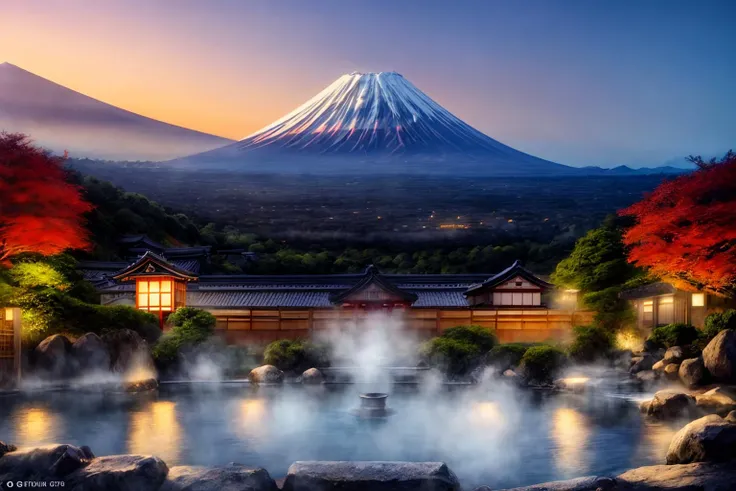 (Traditional Japanese art painting), Mount Fuji in the distance, and the white snow on the top of the mountain as the background, no one in the scenery, bright sunlight shining on the hillside all the way to the hot spring water, making people feel like an epic picture Landscapes, (extremely detailed oil painting: 1.2), glow effects, godrays, hand painted, rendering, 8k, octane rendering, cinema 4d, blender, (dimmed lights at night, daytime blue sky, white Mt. Fuji top, green Mt. Fuji slopes, Ancient castle, temple and shrine, traditional Japanese wooden house complex all the way down the mountain, and traditional Japanese hot spring bath, 4k ultra detailed), cinematic sensibility, sharp focus, humorous illustration, great depth of field, masterpiece, color, 3D octane rendering, 4k, concept art, trending on artstation, surreal, vibrant colors, extremely detailed CG unity 8k wallpaper, trending on ArtStation, trending on CGSociety, intricate, high detail, dramatic, absurd, (face_yolov8n:0.3), <lora:more_details:1>, <lora:ARWJapanOnsen:1>, ((Close-up of traditional Japanese buildings and dim lights in the hot springs, with the ancient castles, temples, red maple leaves on the slope of Mount Fuji and the mountaintop as the background:1.3)), <lora:add_detail:0.6>,