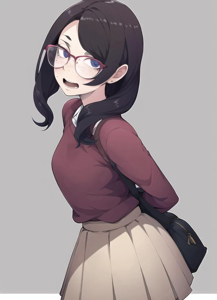 1girl, gradient_eyes, sweater, pleated skirt, nose freckles, grey_background,  looking_at_viewer, solo,  bespectacled, shiny_skin, arms_behind_back, open_mouth, bags_under_eyes, 
 <lora:homebrew_vitaminless_trimmed-000006:0.8>,