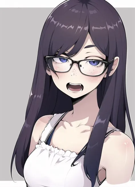 1girl, gradient_eyes, loose sundress, portrait, nose freckles, grey_background, looking_at_viewer, solo, bespectacled, shiny_skin, open_mouth, straight hair, long hair, sfw,
<lora:homebrew_vitaminless_trimmed-000006:0.8>,