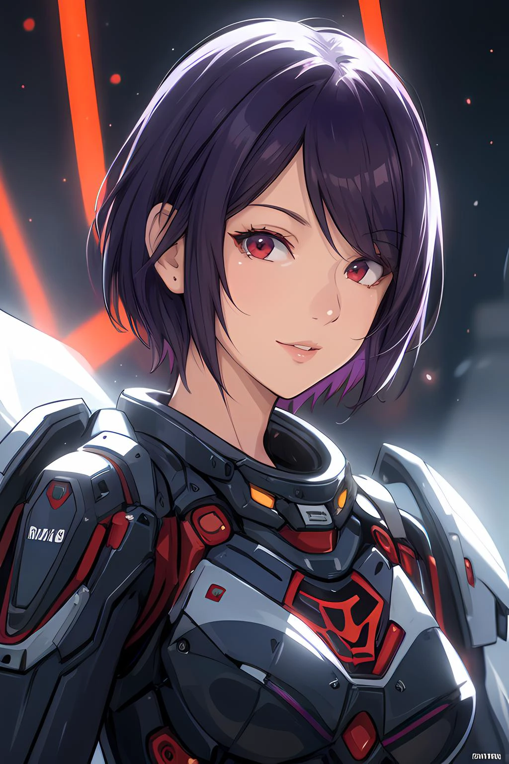 one girl (purple short hair a_line_haircut) (red eyes), wearing robot, roblit, wings, in space outdoor, teasing, posing, ultra-detailed human face, amazing fine detail, Canon 5DM4, film stock photograph, f1.6 lens, lifelike texture, lighting, dynamic composition, unreal engine, photorealist, real life, cleavage, looking at viewver <lora:add_detail:0.2>, <lora:Robotaction:0.6>, <lora:vonzy_v1:0.5> vonzy <lora:a_line_hairstyle:0.2>