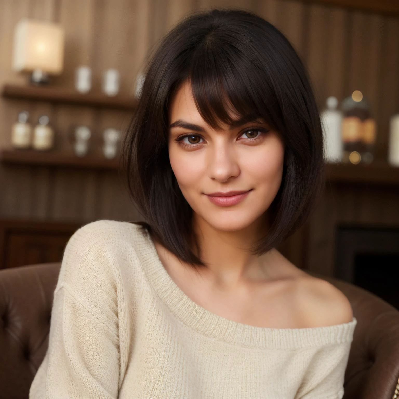 Beautiful woman with, lob bobbed black haircut, brown eyes, wearing edgPO, wearing edgPO white pullover, sweater, denim jeans, sitting on a chair, drinking cappucino in a tavern in Belgium, sexy, sexy face ,realism, sharp focus, perfect, model, masterpiece, cinematic warm lighting. ultrahd, perfect face, perfect body, nsfw, cleavage, ultra-detailed face, ultra-detailed eyes, <lora:a_line_hairstyle:0.2> a_line_haircut <lora:Sexy Santa Outfit By Stable Yogi:0.6>, smile <lora:edgPullovers:0.8>