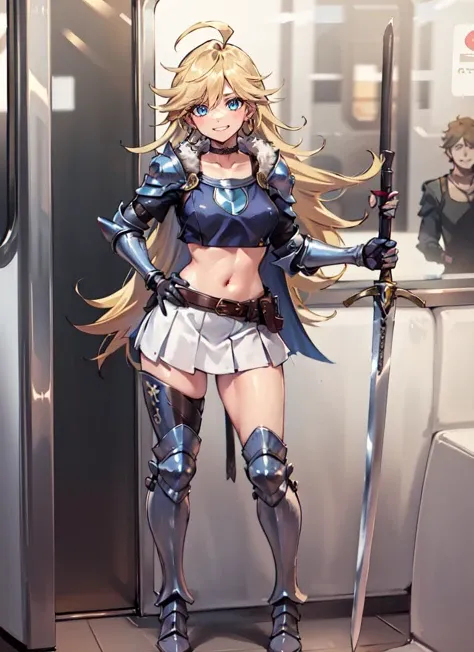 ((best quality)), ((highly detailed)), absurdres, (detailed eyes, deep eyes), (1girl), <lora:slim_tall-plump_short:.5>, dynamic pose, full body, ((wide shot)), <lora:Female_knight:.45>, HGS_1, armor, greaves, armored boots, pauldrons, breastplate, gauntlets, knight, belt, cape, fur trim, ((holding sword)), <lora:PantyAnarchy:.7>, panty_anarchy, panty_\(psg\), long hair, blonde hair, blue eyes, choker, earrings, grin, angel_suit, crop_top, gloves, white_skirt, midriff, (indoors, on a train)