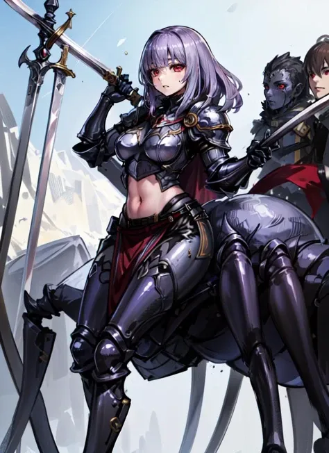 ((best quality)), ((highly detailed)), absurdres, extremely detailed face, beautiful face, (detailed eyes, deep eyes), <lora:more_details:.3>, (1girl), dynamic pose, cowboy shot, ((wide shot)), <lora:Female_knight:.45>, HGS_1, armor, greaves, armored boots, pauldrons, breastplate, gauntlets, knight, belt, cape, fur trim, ((holding sword)), <lora:aiomonstergirls_loraLocon:.7>, <lora:animeArachne_v10:1>, (arachne), violet hair, straight hair, blunt bangs, silky hair, red eyes, extra eyes, arthropod limbs, spider, hips, loincloth, pelvic curtain, (outdoors, in a train station, noon)