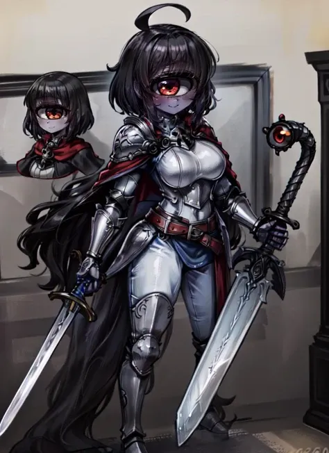 ((best quality)), ((highly detailed)), absurdres, (detailed eyes, deep eyes), <lora:more_details:.6>, (1girl), dynamic pose, upper body, <lora:Female_knight:.5>, HGS_1, armor, greaves, armored boots, pauldrons, breastplate, gauntlets, knight, belt, cape, fur trim, ((holding sword)), <lora:aiomonstergirls_loraLocon:.8>, ((gazer)), black hair, short hair, <lora:animeCyclops_v10:1>, cyclop, (cyclops), one-eyed, yellow colored sclera, redcolored eyes, tentacles, extra eyes, <lora:coloredSkin:0.4>, (colored skin, grey skin), smile, large breasts, (indoors, in a living room)