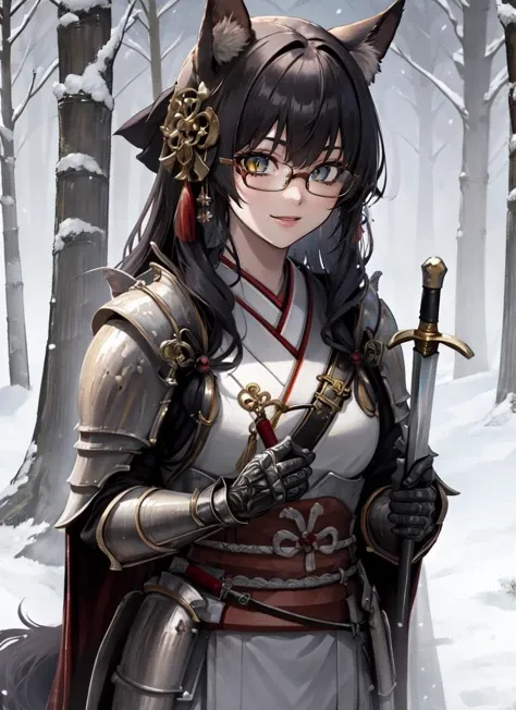 ((best quality)), ((highly detailed)), masterpiece, absurdres, (detailed eyes, deep eyes), (1girl), (glasses), upper body, <lora:Female_knight:.55>, HGS_1, armor, greaves, armored boots, pauldrons, breastplate, gauntlets, knight, belt, cape, fur trim, ((holding sword)), kitsune, ((multiple tails)), fox tails, medium breasts, fox ears, amber eyes, <lora:slit-pupils:1>, snake eyes, (Persimmon) hair, smiling, <lora:kimonoClothes_v10:1>, long sleeves, furisode, obi, sash, (outside, in a pine_tree forest, afternoon, snow storm)