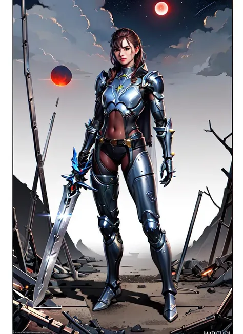 ((best quality)), ((highly detailed)), masterpiece, absurdres, (detailed eyes, deep eyes), (1girl), top view, looking up, cowboy shot, (((very wide shot))), <lora:Female_knight:.45>, HGS_1, armor, greaves, armored boots, pauldrons, breastplate, gauntlets, knight, belt, cape, fur trim, ((holding sword)), ((cyborg)), cybernetics, robot limbs, (aluminum(material)), navel, lights, LEDs, doll-like joints, medium breasts, spikes, <lora:ConceptMechanical_v10:.85>, Mechanical_tentacles, (outdoors, in a mangrove_forest, evening, night sky, stars, lunar eclipse, shooting star)