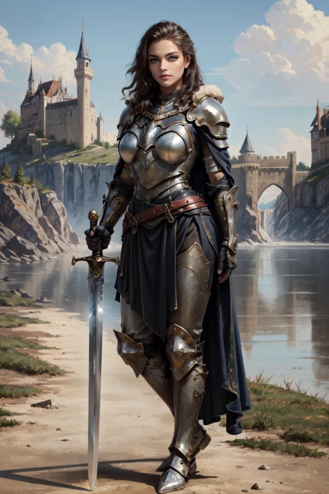 (masterpiece, best quality, ultra detailed, absurdres:1.5), 1girl, (sexy, beautiful woman, perfect face, perfect eyes, perfect female body, medium breasts:1.5), ((holding sword:1.2), armor, greaves, armored boots, pauldrons, breastplate, gauntlets, knight, belt, cape, fur trim, <lora:HGS_1-15:0.5>), (standing, outdoors, castle in background), perfect lighting, smooth, hdr