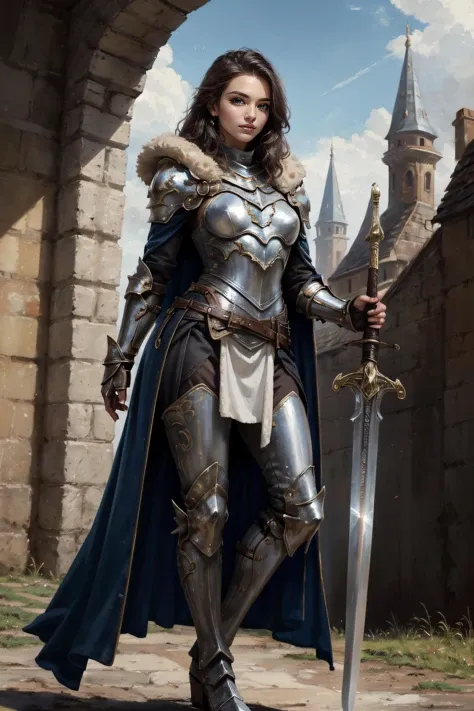 (masterpiece, best quality, ultra detailed, absurdres:1.5), 1girl, (sexy, beautiful woman, perfect face, perfect eyes, perfect female body, small breasts:1.5), ((holding sword:1.2), armor, greaves, armored boots, pauldrons, breastplate, gauntlets, knight, belt, cape, fur trim, <lora:HGS_1-15:0.5>), (standing, outdoors, castle in background), perfect lighting, smooth, hdr