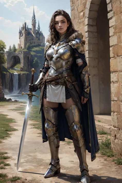 (masterpiece, best quality, ultra detailed, absurdres:1.5), 1girl, (sexy, beautiful woman, perfect face, perfect eyes, perfect female body, medium breasts:1.5), ((holding sword:1.2), armor, greaves, armored boots, pauldrons, breastplate, gauntlets, knight, belt, cape, fur trim, <lora:HGS_1-15:0.5>), (standing, outdoors, castle in background), perfect lighting, smooth, hdr