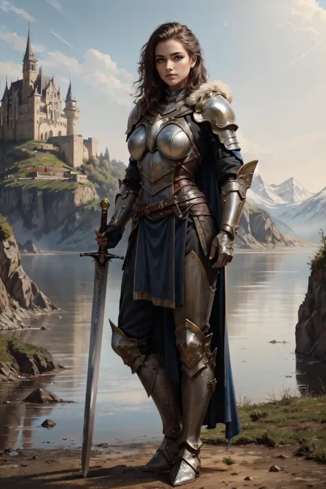 (masterpiece, best quality, ultra detailed, absurdres:1.5), 1girl, (sexy, beautiful woman, perfect face, perfect eyes, perfect female body, medium breasts:1.5), ((holding sword:1.2), armor, greaves, armored boots, pauldrons, breastplate, gauntlets, knight, belt, cape, fur trim, <lora:HGS_1-15:0.5>), (standing, outdoors, castle in background), perfect lighting, smooth, hdr