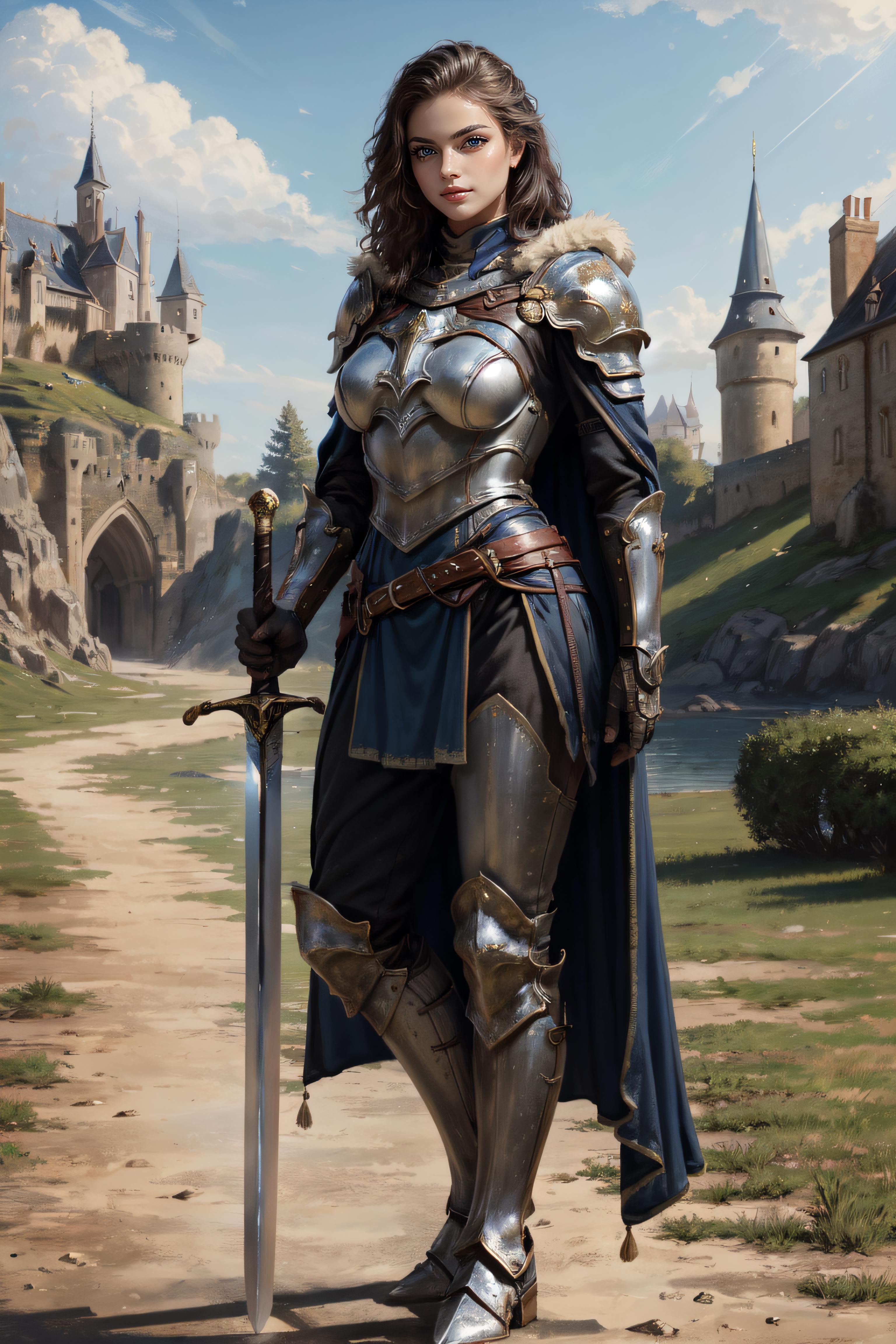 A woman in armor standing in front of a castle with a sword - SeaArt AI