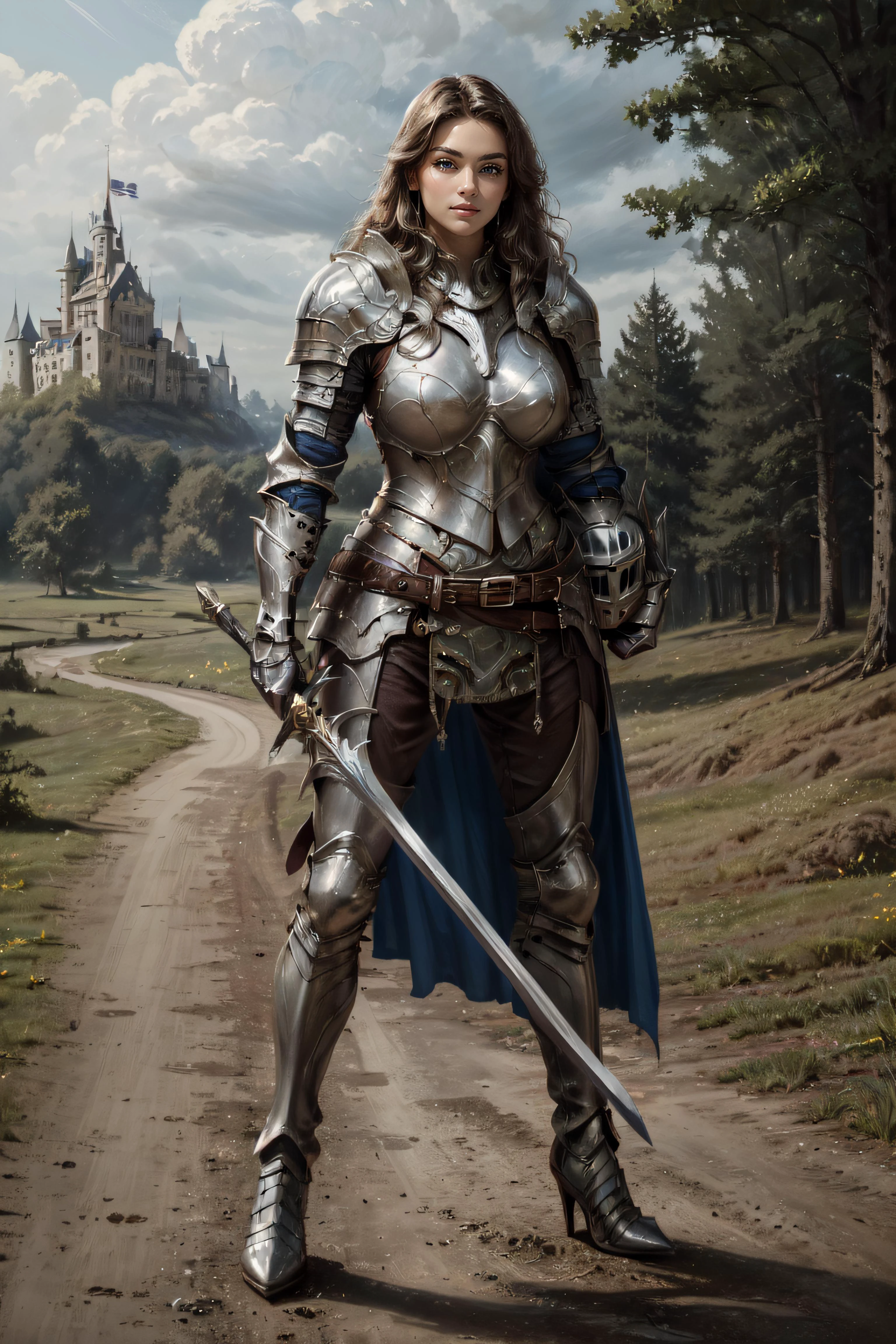 (masterpiece, best quality, ultra detailed, absurdres:1.5), 1girl, (sexy, beautiful woman, perfect face, perfect eyes, perfect female body, medium breasts:1.5), (Sword_Helm, long hair, holding weapon, boots, belt, sword, armor, holding sword, helmet, shoulder armor, gauntlets, sheath, headwear removed, high heel boots, pauldrons, breastplate, armored boots, greaves, knight, helmet removed, ((holding helmet)), plate armor, <lora:Sword_Helm-15:0.6>), (full body, standing, outdoors, grassland, forest in background, castle in background), perfect lighting, smooth, hdr