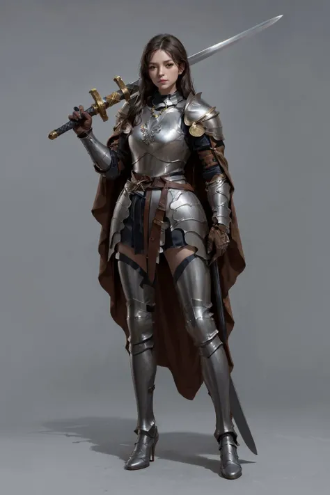 <lora:Over_shoulder-15:0.6>,Over_shoulder,Sword_Helm,standing,full body,armored boots,greaves,belt,knight,necklace,cape,armor,high heels,((holding sword)),shoulder armor,vambraces,breastplate,gauntlets,pauldrons,full armor,helmet removed,((holding helmet)),plate armor,, (masterpiece, best quality, high quality, highres, ultra-detailed),