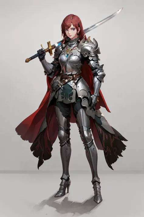 <lora:Over_shoulder-15:0.6>,Over_shoulder,Sword_Helm,standing,full body,armored boots,greaves,belt,knight,necklace,cape,armor,high heels,((holding sword)),shoulder armor,vambraces,breastplate,gauntlets,pauldrons,full armor,helmet removed,((holding helmet)),plate armor,, (masterpiece, best quality, high quality, highres, ultra-detailed),