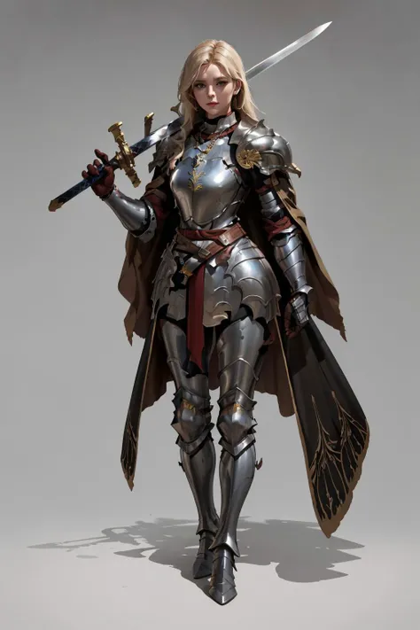 <lora:Over_shoulder-15:0.6>,Over_shoulder,Sword_Helm,standing,full body,armored boots,greaves,belt,knight,necklace,cape,armor,high heels,((holding sword)),shoulder armor,vambraces,breastplate,gauntlets,pauldrons,full armor,helmet removed,plate armor,dynamic pose,, (masterpiece, best quality, high quality, highres, ultra-detailed),
