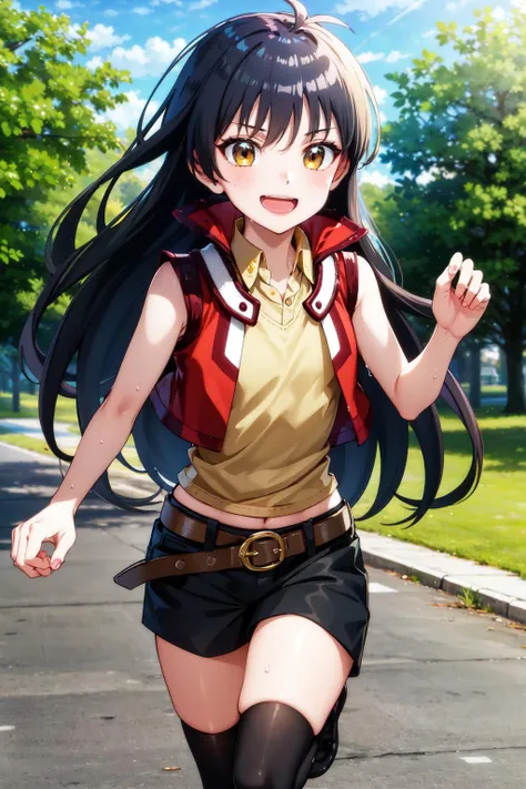 masterpiece, best quality, highres, hmrei, long hair, red jacket, collared shirt, yellow shirt, sleeveless, belt, black shorts, black thighhighs, <lora:saotome_rei_v1:0.7>, running, outdoors, park, sweat, smile, open mouth,