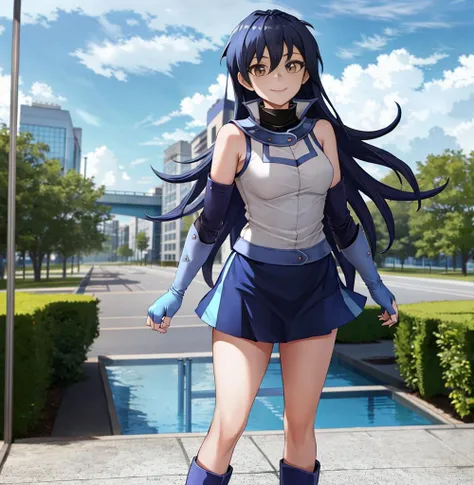 masterpiece, best quality,obuniform,highres, hmrei, long hair,sleeveless, bare shoulders, elbow gloves, blue gloves, fingerless gloves, blue skirt, white jacket, blue footwear, boots. <lora:obuniform:0.8> <lora:saotome_rei_v1:0.7>,outdoors, standing, smile, closed mouth, looking at viewer,