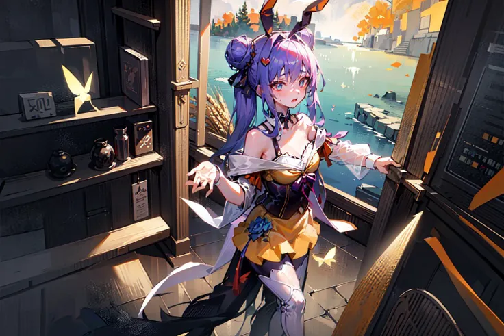 (masterpiece, sidelighting, finely detailed beautiful eyes: 1.2),
view and focus on face, CadetBlue glowing heart_hair_bun style and MediumSeaGreen studded eye of younger_sister wearing oni_mask and bunny mixture of Peru and Wheat of tangzhuang or wearing OrangeRed of capri_pants, see-through of open_robe and headband or wearing butterfly ears and collarbone piercing , bent_over, bathing or handstand, gardening, pulling,