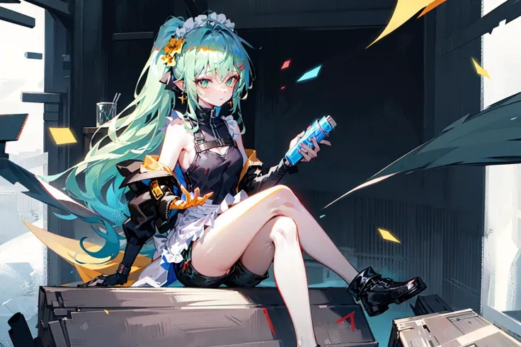 (masterpiece, sidelighting, finely detailed beautiful eyes: 1.2),
view and feet_out_of_frame, DarkTurquoise multicolored ponytail style and Olive zipper eye of female wearing opera_glasses and back-seamed mixture of YellowGreen and DarkSalmon of pilot_suit or wearing DarkGray of micro_shorts, lace of apron and headdress or wearing monkey ears and flower_earrings , shoulder_carry, shaking or crossed_legs, begging, shampooing,