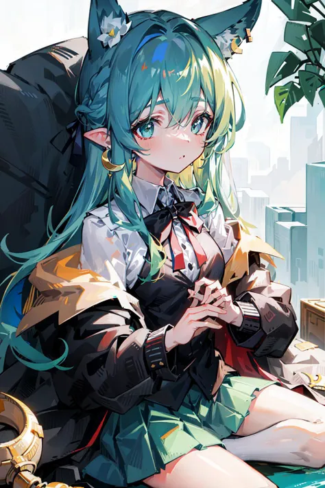 (masterpiece, sidelighting, finely detailed beautiful eyes: 1.2),
view and close up, Blue highlight hair_over_eyes style and GreenYellow camouflage eye of younger_sister wearing luchador_mask and striped mixture of FloralWhite and Ivory of business_suit or wearing OliveDrab of high-low_skirt, ribbon-trimmed of off-shoulder_shirt and habit or wearing dragon ears and crescent_earrings , yokozuwari, searching or carrying_over_shoulder, touching, kneeing,